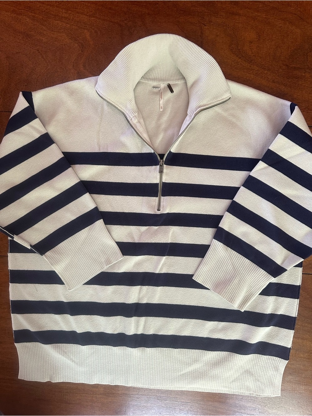 Free People XS Oversized Navy Cream Striped Quarter Zip Mock Neck Sweater